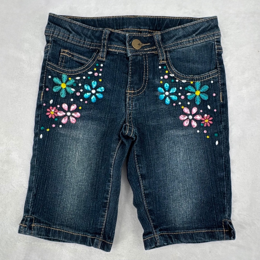 Total Girl Denim Bermuda Shorts Sz 7 Dark Wash Rhinestone Vintage 2000s McBling